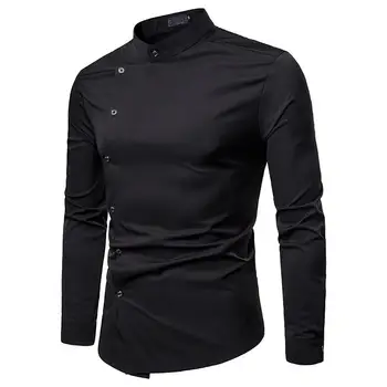 

Unique Design Men's Long sleeve Shirt Stand collar Oblique Threshold Solid color Mens Dress Shirts Men Blouse Fashion