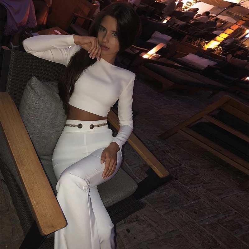 

Elegant White Two 2 Pieces Set Women Jumpsuit New Arrival Fashion Long Sleeve Bodycon Wedding Party Bandage Jumpsuit Wholesale