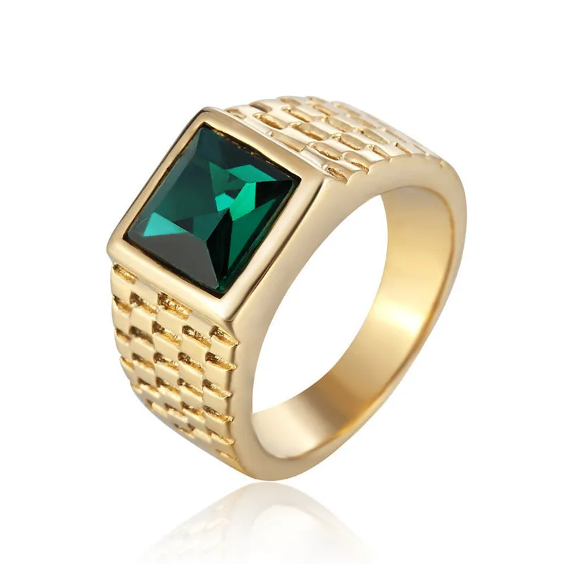 

Square Red / Green Yellow Stone Simple Mens Band Rings In Solid Titanium Stainless Steel Gold Color Fashion Elegant Mens Jewelry