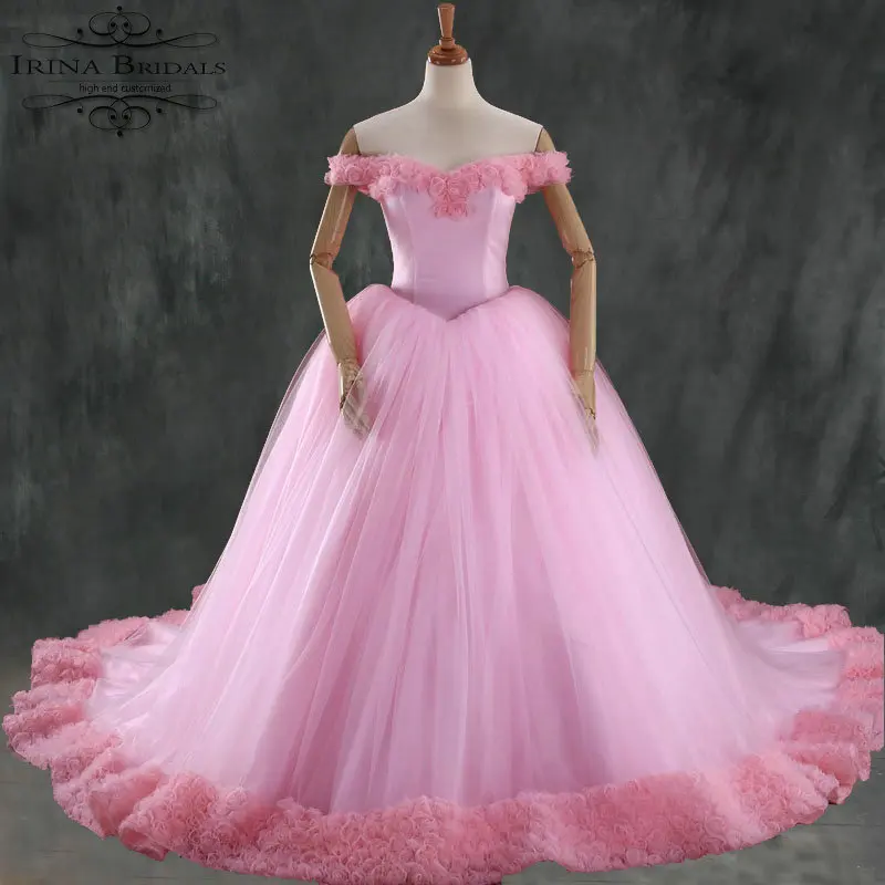 

Real Pictures Cap Sleeve Flowers Puffy Ball Gown Pink Wedding Dress