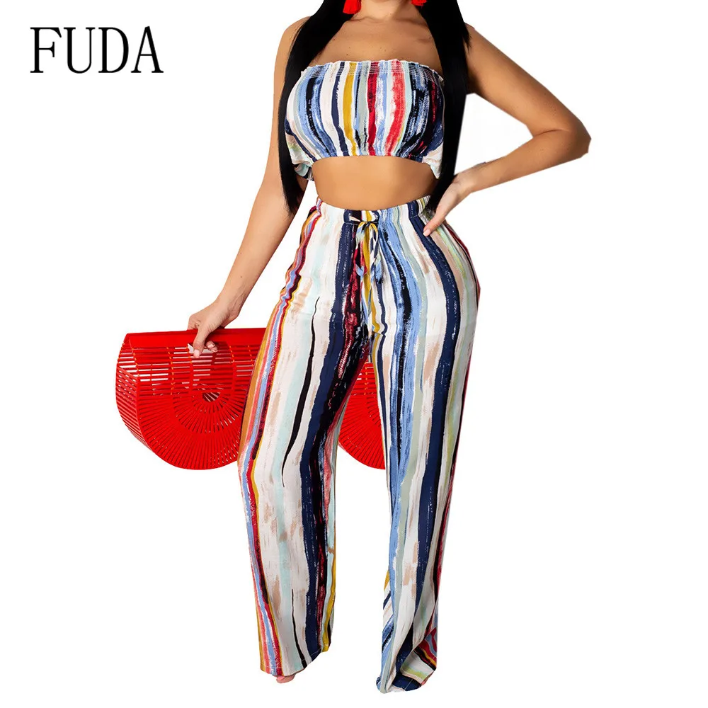 

FUDA Sexy Striped Printed Bracket 2 Pieces Sets Jumpsuits New Arrival Off Shoulder Strapless Summer Playsuits Mono Mujer Verano
