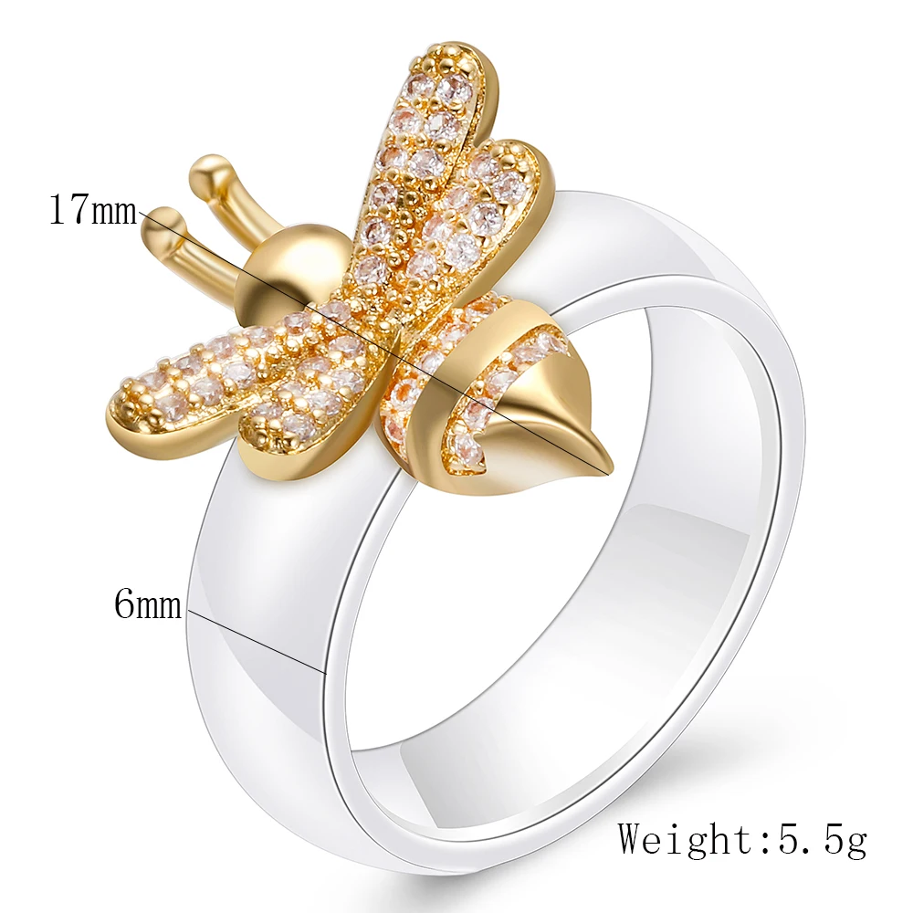 Новая мода обручальное кольцо Кристалл пчела кольца для женщин черный и белый керамика свадебный дизайн золотые украшения подарок аксессуары