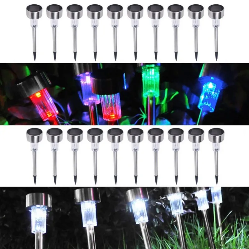 

New 10pcs Lawn Lamp Outdoor Stainless Steel LED Solar Power Changing