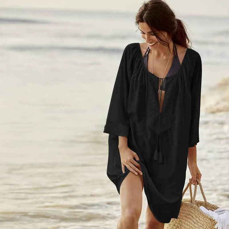 One Piece Cotton Tunics Beach Women Swimsuit Bikini Cover Up Beach Dress Summer Ladies Short Sleeve Cover-Ups Beachwear