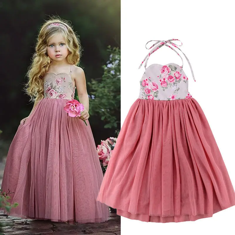 2018 New Style Princess Kids Girl Pink Lace Flower Strappy Dress Maxi Long Party Children Summer Ball Gown Formal | Детская одежда и