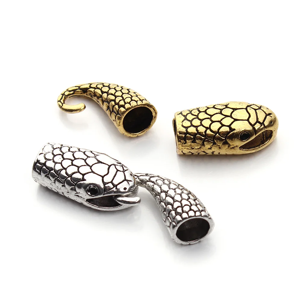 10x Antique Golden Alloy Hook Snake Head Clasps For Leather Cord Bracelet Making 