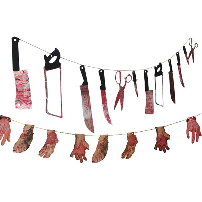 Halloween Banner Bloody Knife Horror Props Bloody Hand Haunted House Party Decoration Scary Fake Hand Foot Halloween Supplies