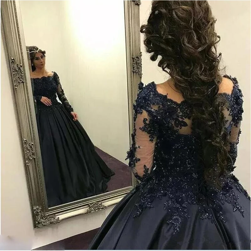 

2018 Exquisite Navy Blue/Black/Gold Ball Gown Prom dresses Long Sleeves Beaded Appliques Gowns Dress Prom Robe De Bal Longue