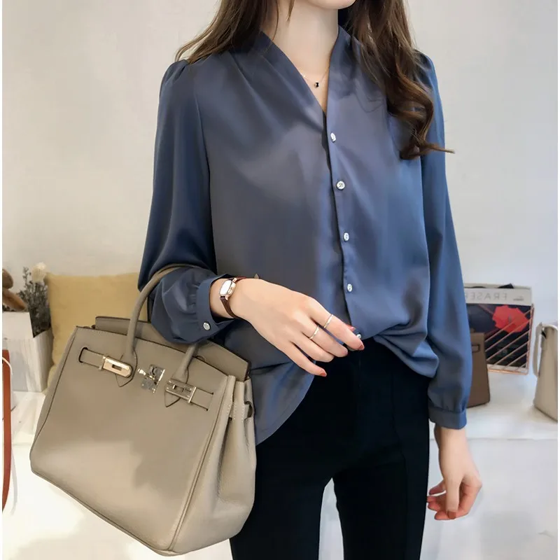 

2019 Early Spring And Autumn New Women's Simple Temperament Solid Color Chiffon Shirt Female Long-Sleeved Shirt Loose Han Fan