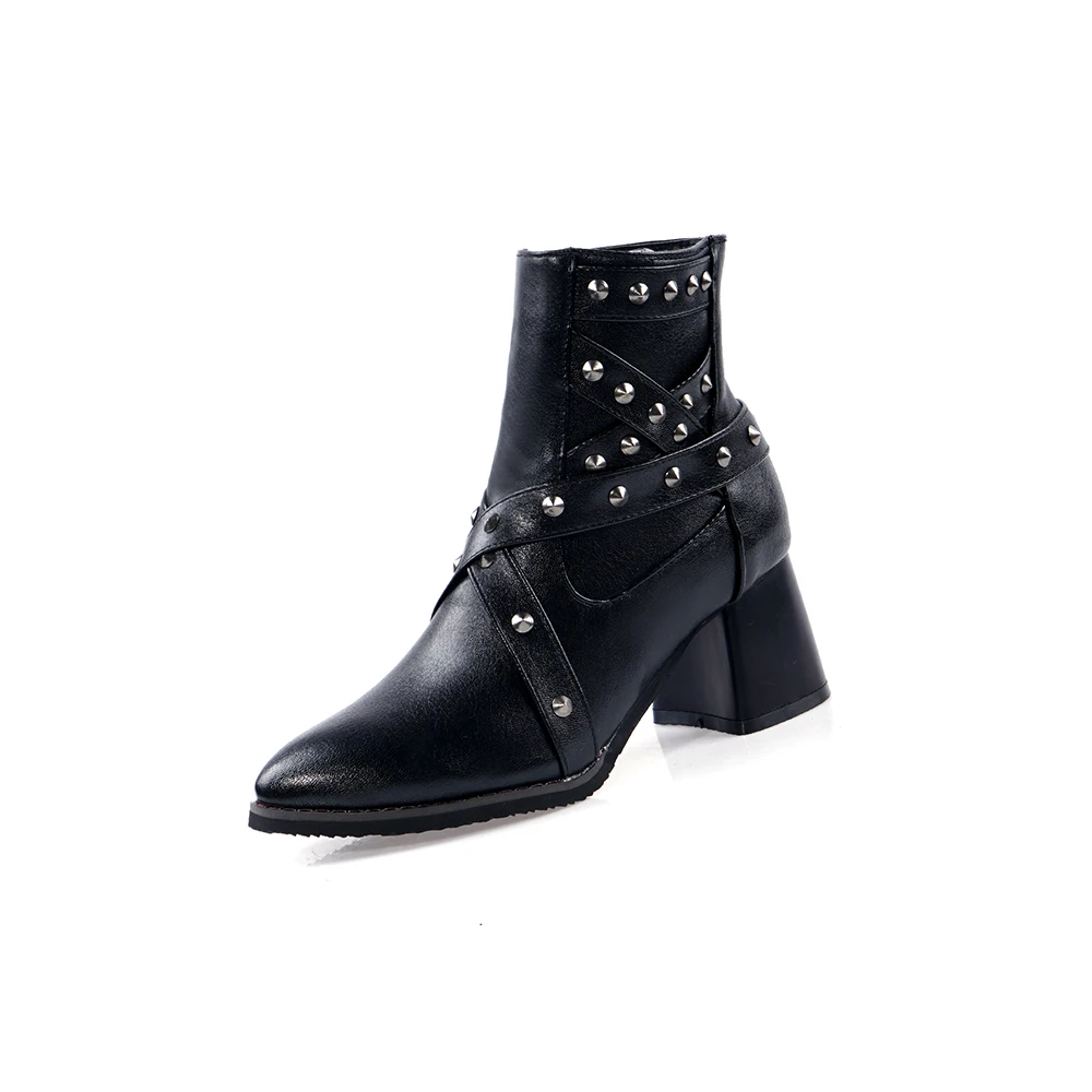 ENMAYLA Solid PU Short Plush Motorcycle Boots Autumn Ankle Boots for Women Pointed Toe High Square Heel Metal Decoration Shoes