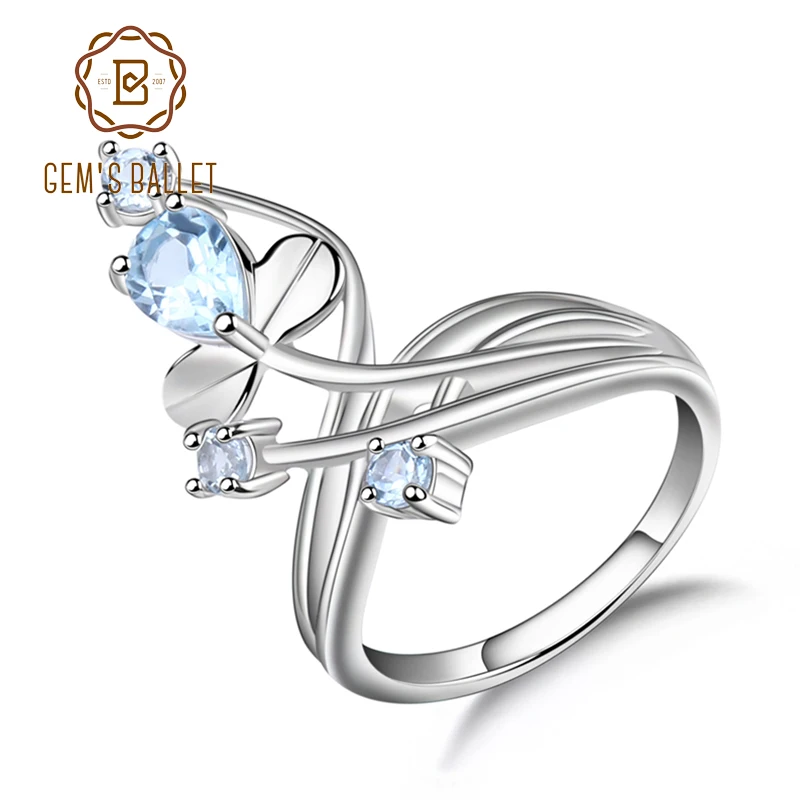 Жемчужное балетное кольцо 1.3Ct с натуральным голубым топазом, кольцо с драгоценным камнем, 925 пробы, серебряное цветочное кольцо для женщин, свадебное ювелирное изделие