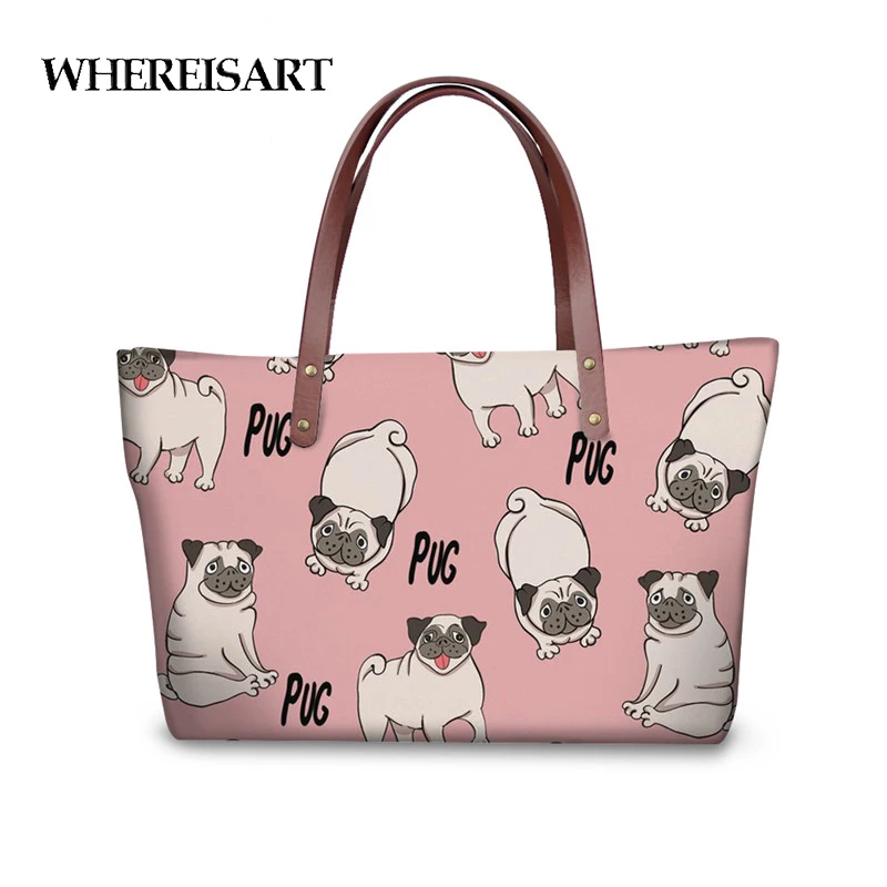 

WHEREISART Cute Pugs Girls Big Handbag Summer Travel Pink Shoulder Totes High Quality Pet Dog Printing Top-handle Bags For Teen