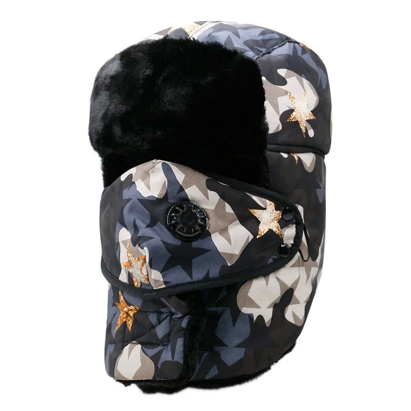 

New Men Ear Face Protection Fleece Camouflage Bomber Thicken Windproof Hats Women Warm Winter Resist Snow Russian Male Mask Cap