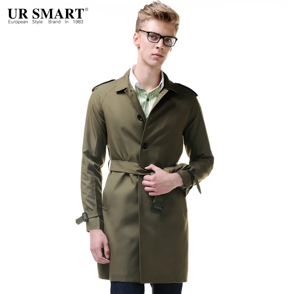 URSMART в классическом черном талии Длинная ветровка однобортный мужской Британский мужской Тренч пальто - Цвет: Olive green