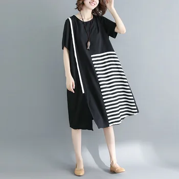 

Johnature Casual Simple Summer New Women Dresses Solid Color Patchwork Striped Loose Slit Short Sleeve Female Dress 2020
