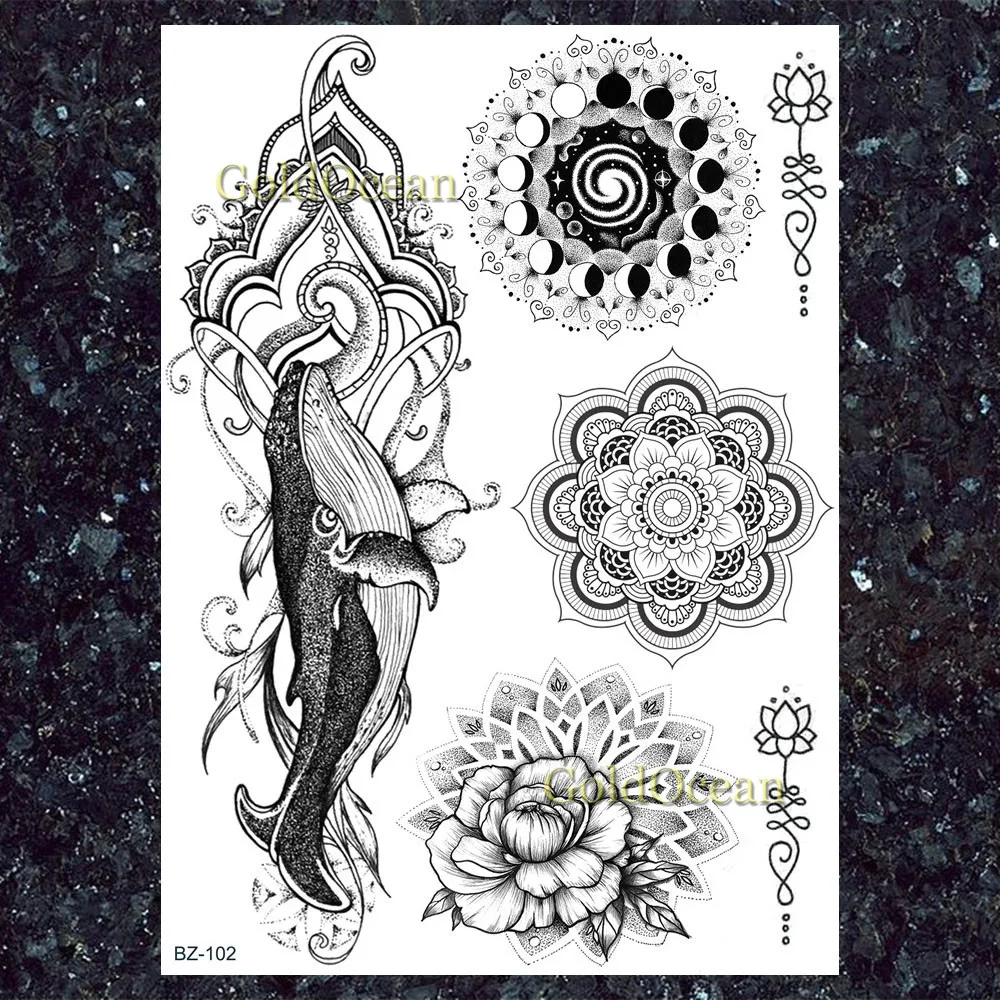 GoldOcean черная бабочка Мандала Хна Цветок татуировки Временная рука временное тату на грудь наклейки водонепроницаемые женщины девушка