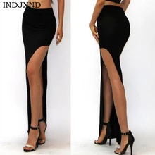 INDJXND, новинка, модные, сексуальные, высокая талия, сплошной цвет, для женщин, для девушек, длинные юбки, с открытым боковым краем, с разрезом, длинная юбка макси, Черная