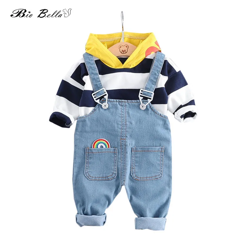 

3 Pieces Children Boys Girls Clothing Sets 2019 Spring Autumn Striped T-hirt+Suspender Jeans Kids Clothes Toddler Boys Outfits