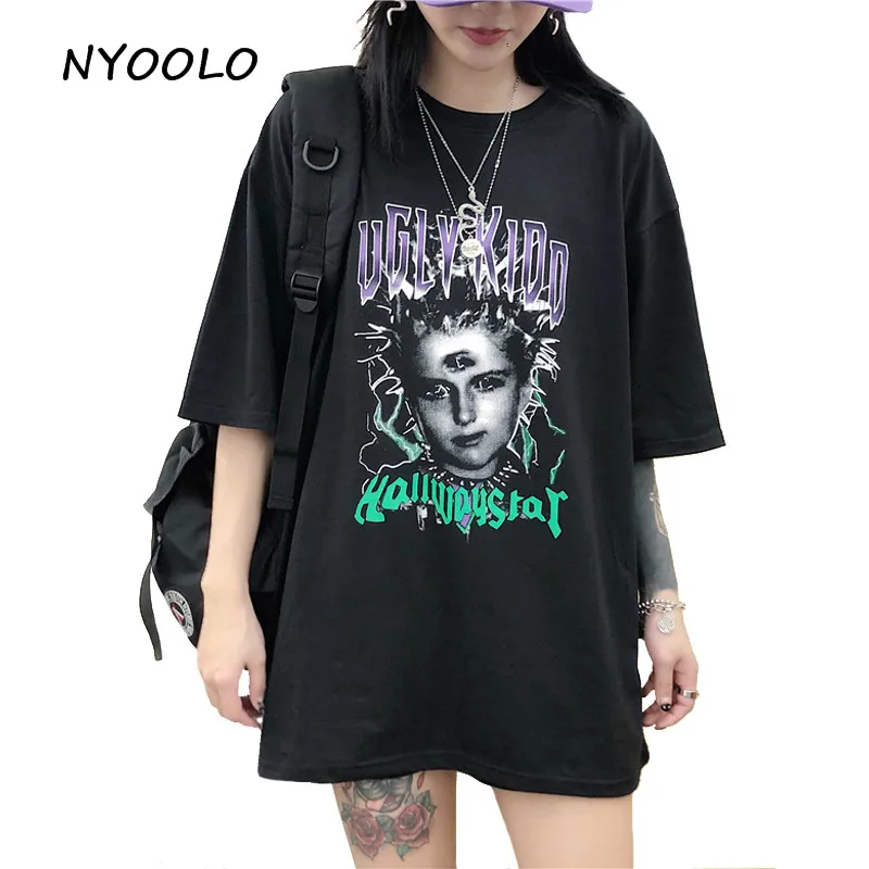 

NYOOLO Harajuku style portrait Letters print tee shirt Casual streetwear short sleeve t-shirt women men clothing summer tops tee