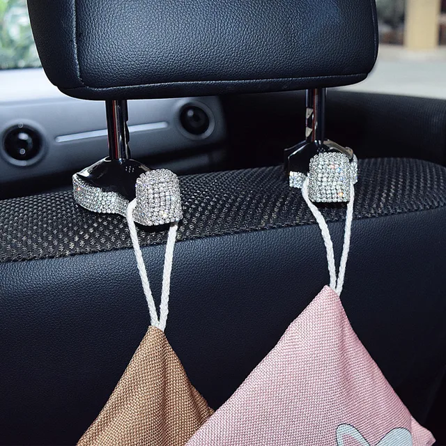 Crystal Rhinestone Car Headrest Bag Hook Colorful Diamond Seat Back Hook Hangers Auto Storage Hooks Holder 2PCS Accessories