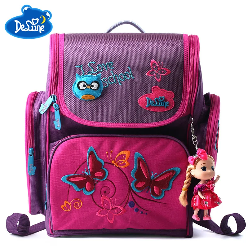 Delune Children High Quality Butterfly School Bags Boys Girls Students Kids Travel Orthopedic Satchel School Backpack Bags