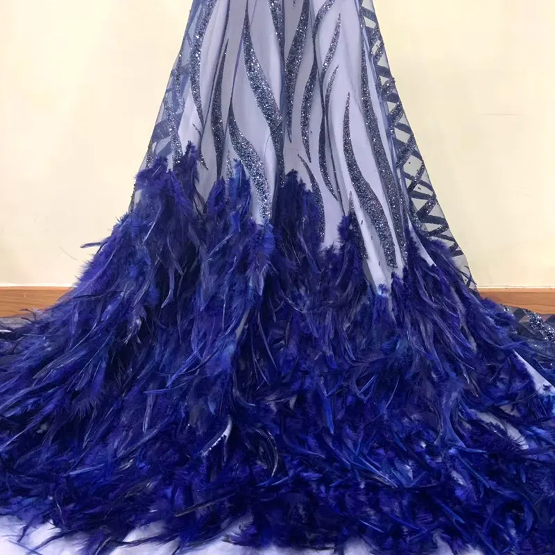 royal blue 5 ярдов Высокое качество с пером вышитая сетка тюль сетка кружева золотые французские блестки кружева ткани для свадебного платья QG873 - Цвет: royal blue