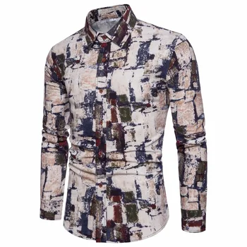 

2019 New Fashion Dress Shirts Men printing Long Sleeve Casual Formal Shirt Men Slim Fit Wedding Shirt Male Clothing Tops