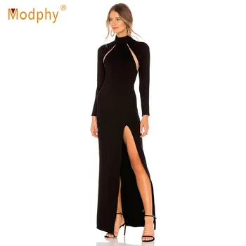 

Winter New Women's Bandage Long Dress Black Openwork Long Sleeve Halter Fashion Sexy Celebrity Runway Party bodycon Vestidos