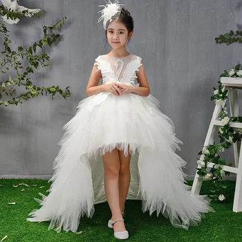 

2019 Children Girls Long Trailing Flower Ball Gowns Dresses Kids Pageant Birthday Swan Feather Princess Party Wedding Dress E109