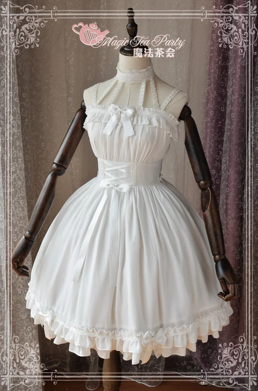 Милое белое платье в стиле «лолита» с коротким рукавом и открытыми плечами, короткое платье с вырезом на шее от Magic tea Вечерние