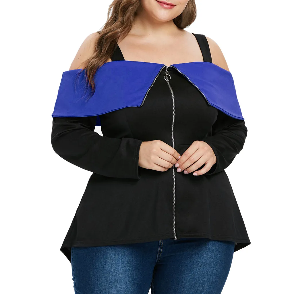 2019 новая весенняя женская рубашка большого размера с открытыми плечами на молнии топы Слэш шеи с длинным рукавом Блузка Femme Повседневные