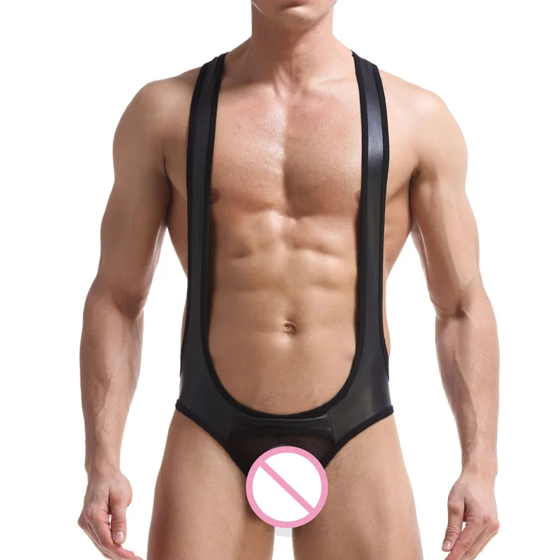 

Sexy Men Jumpsuits Undershirt PU Leather Wrestling Singlet Open Back Jumpsuit Suspender Teddies Underwear One-Piece Bodysuits