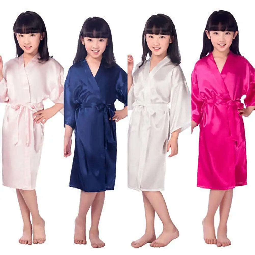 

Kids Children Girls Solid Color Silky Bath Robe Kimono Dressing Gown Sleepwear