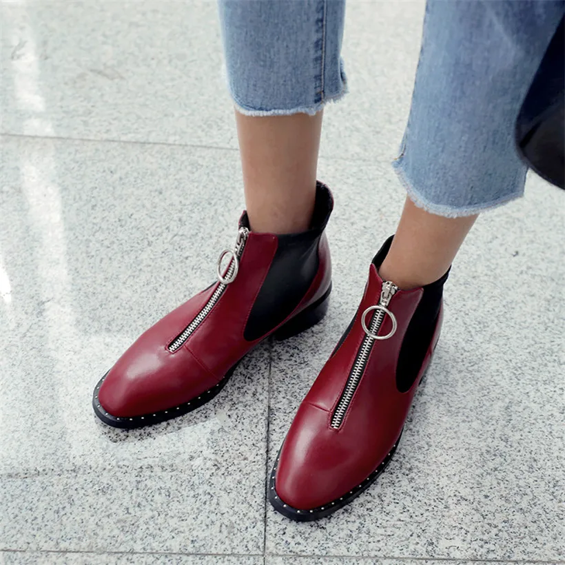 

2019 British Winter Women Zipper Chelsea Boots Red PU Leather Round Toe Fashion Ankle Boots Black Casual Lady Square Heel Botas