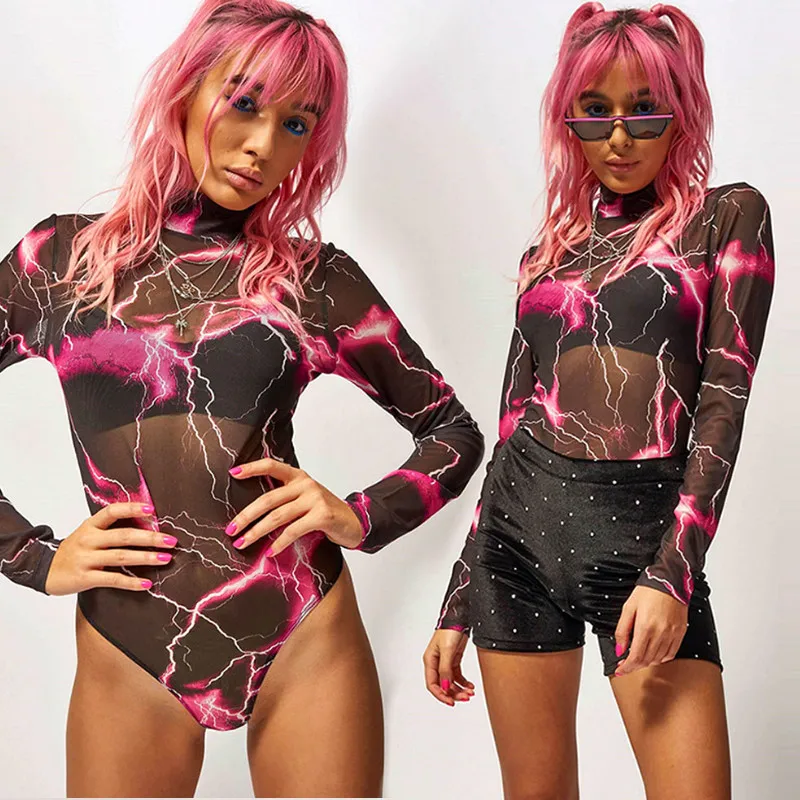 

Sexy Mesh Sheer Bodysuit Women Long Sleeve Print Bodycon Leotard Top Shirts Jumpsuit Bodysuits