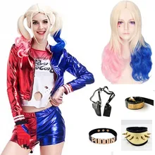 Парики+ ожерелье+ браслет+ ремень+ кобура фильм отряд самоубийц косплей аксессуары Harley Quinn наборы в масках вечерние костюмы на Хэллоуин