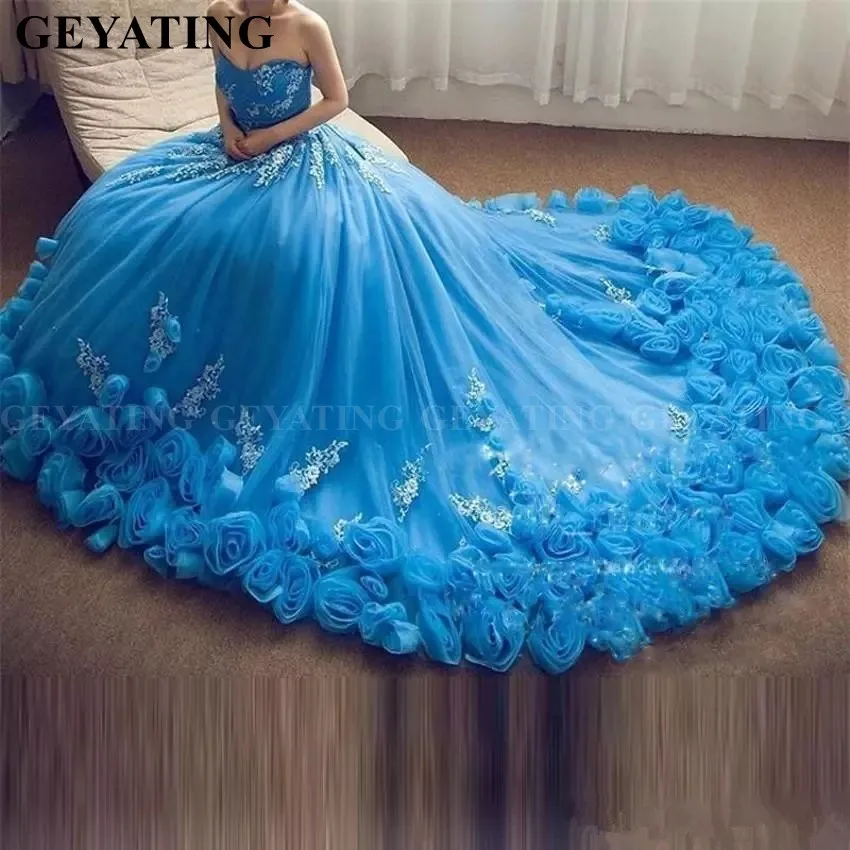 

2019 Blue Ball Gown Quinceanera Dresses 3D Floral Flowers Off Shoulder Sweet 16 Dress Plus Size Princess Tulle 15 Birthday Gowns