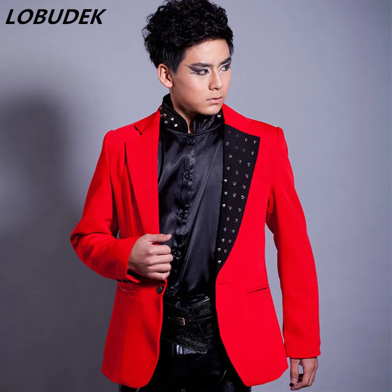 High Quality Cotton Men Suit Jackets Punk Male Singer Rivet Coat Rock