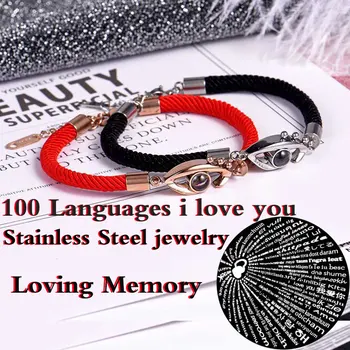 

Women 100 Language I Love You Memory chain stainless steel Rose Gold Roman Numerals eyes Crystal fashion Charm bracelet jewelry