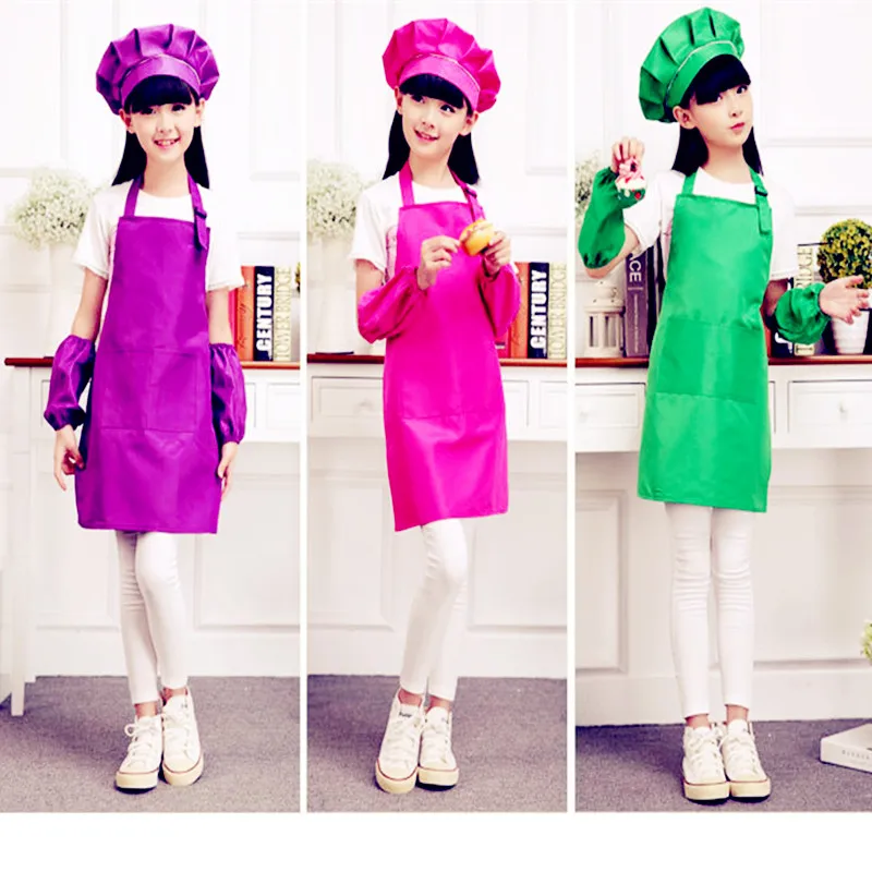 Children art Kitchen Aprons Waists 9 Colors Kids Aprons with Sleeve&Chef Hats for Painting Cooking Baking 4 pcs/set