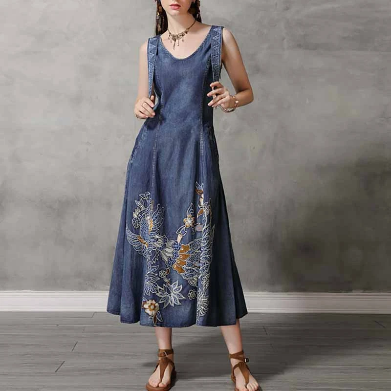 

[YaLee] New Fashion 2019 Summer Autumn Ethnic Simple Sleeveless Embroidery Loose A Word Denim Sling Dress Women A750