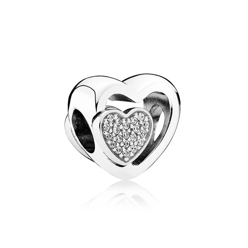 

5PCS Vintage Crystal Heart On Big Heart Jewelry Big Hole Hollow Bead Fit Women Charms Original Bracelet Beads For DIY Jewelry