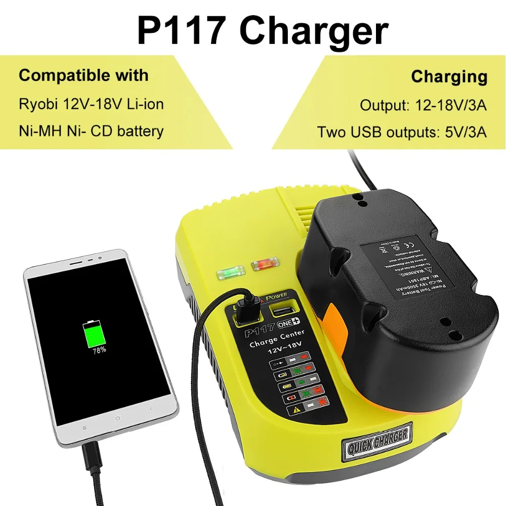 Free shipping For RYOBI Battery Charger 14.4v 18V Ni-CD Ni-MH Li-ion P110 P107 P108 for Ryobi one+ Battery with USB Port 3A Free shipping For RYOBI Battery Charger 14.4v 18V Ni-CD Ni-MH Li-ion P110 P107 P108 for Ryobi one+ Battery with USB Port 3A