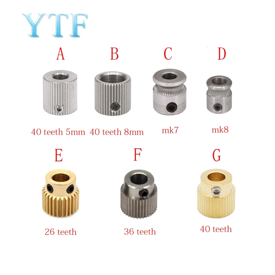 

MK7 MK8 Extruder Drive Gear Bore 26/36/40 teeth 5/8mm For 1.75/3.0mm Teeth Brass Stainless Steel Drive Feeding