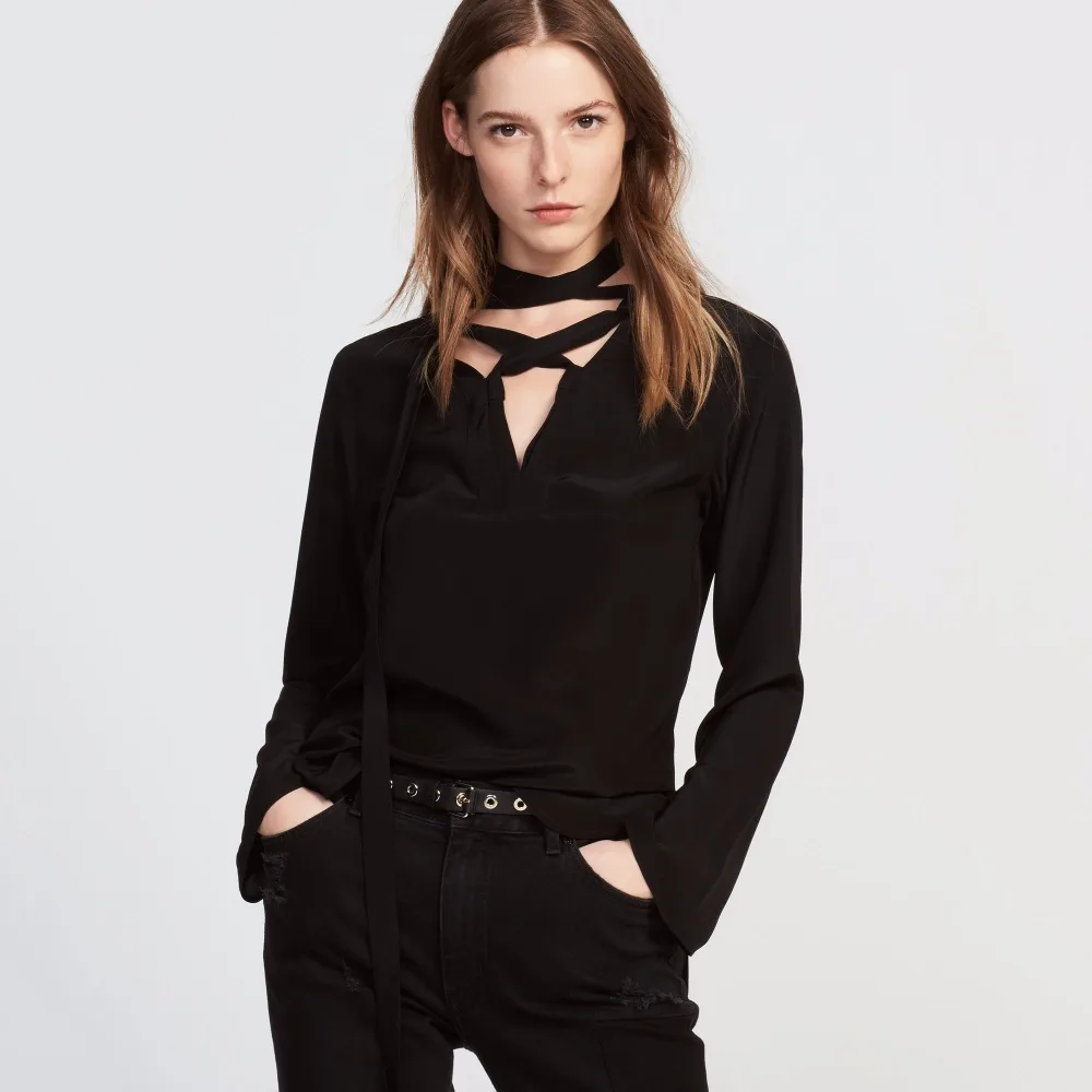 Front Lace-up Black White Office Blouse