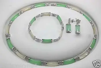 

New Jewelry Green & White STONE Link Necklace Bracelet earrings Set >> watch wholesale Quartz jade CZ crystal