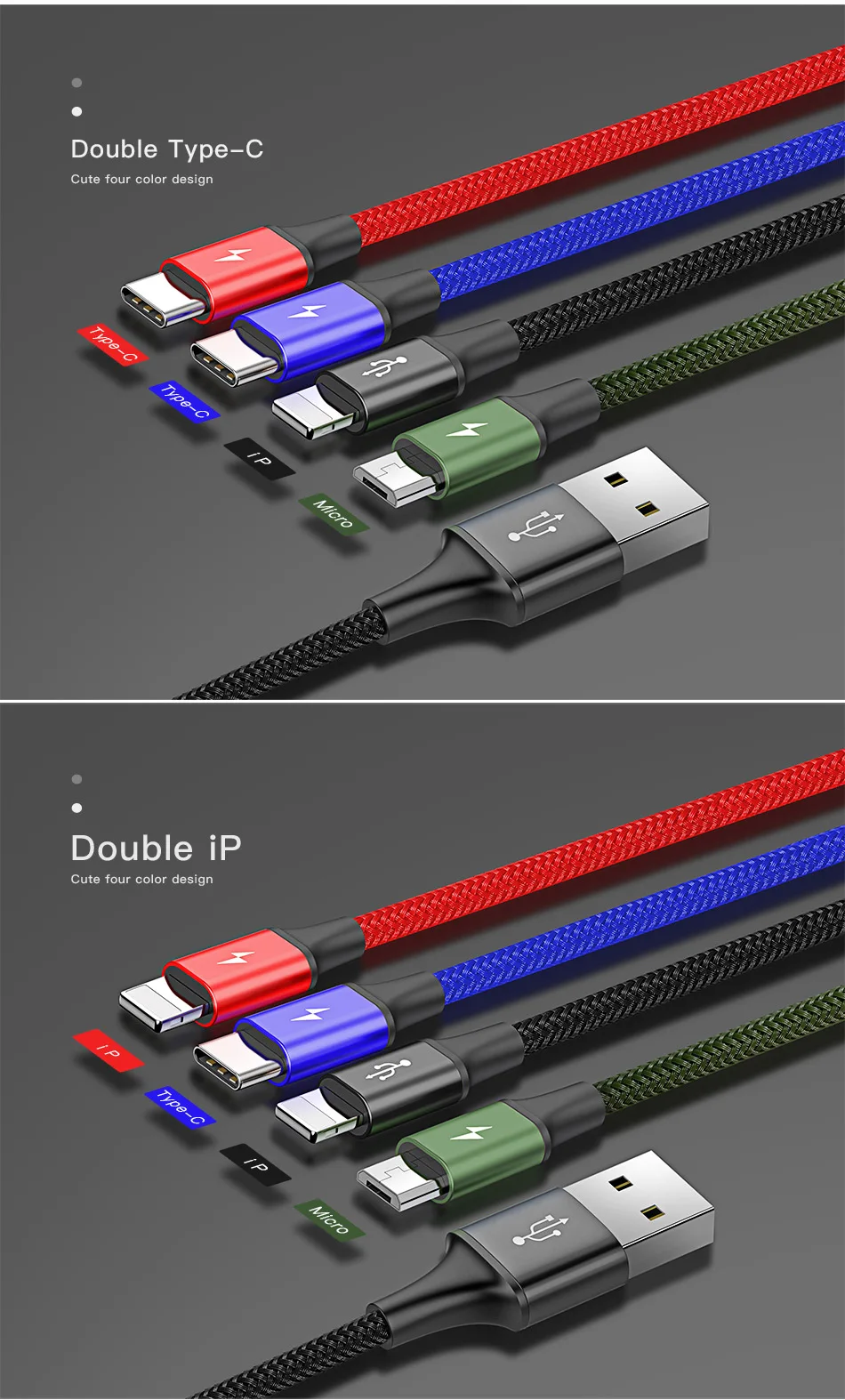 4 in 1 Multi usb charging cable For lightning micro usb type c cable for iPhone Samsung s9 huawei xiaomi fast charger usb cable