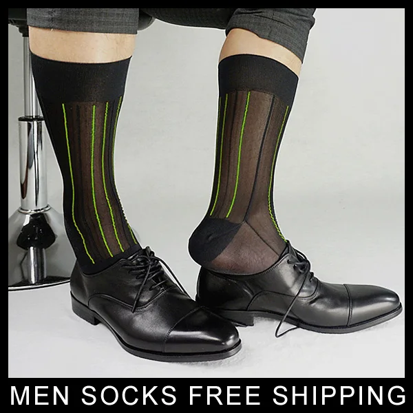 Мужские летние эластичные шелковые носки для мужчин, черные нейлоновые тонкие шелковые носки, мужские пикантные носки - Цвет: Black w Green Line