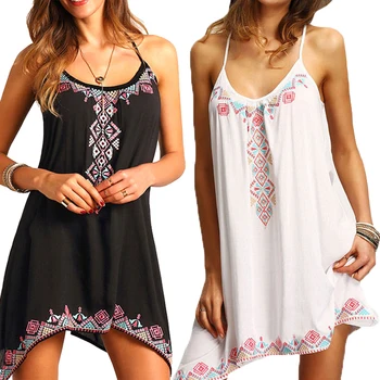 

Hot Selling Fashion Women Ladies Bohemian Sexy Summer Sleeveless Print Mini Strap Dress simple Dress Vestidos