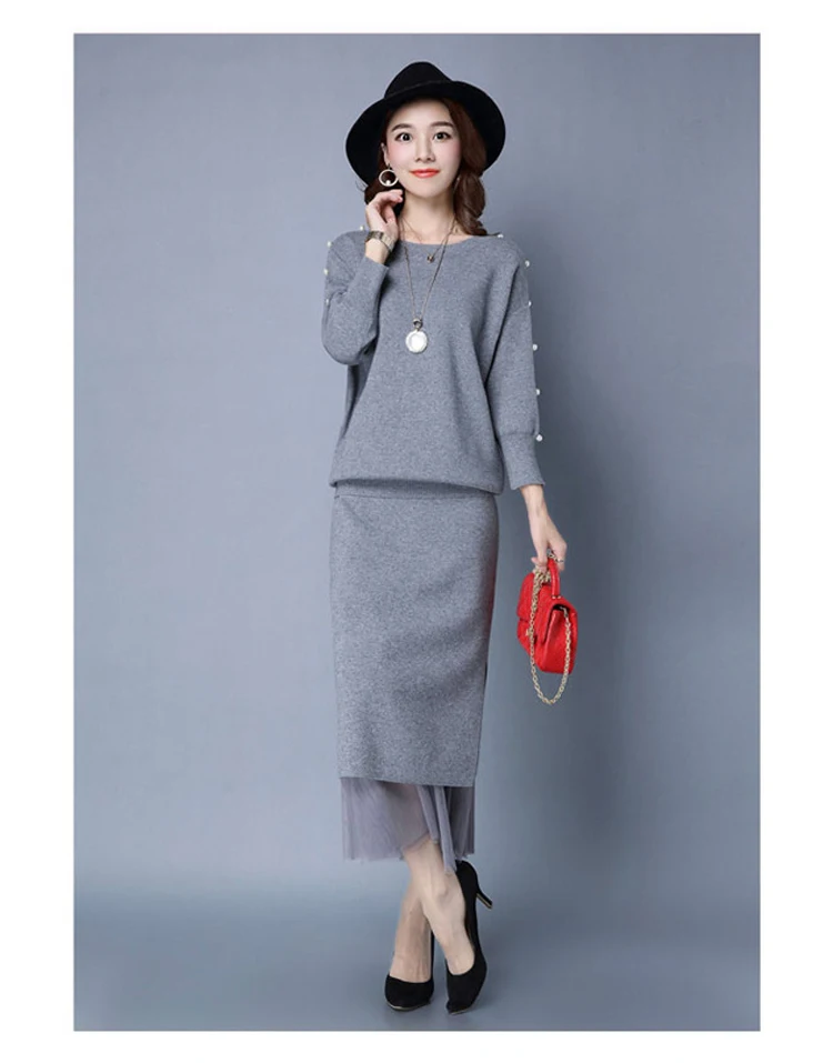 grey color knitting beading sweater and lace skirt suit women (1)